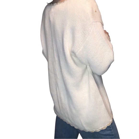 Vintage 90's Jacqueline Ferrar Sweater Cardigan Sz M Cream Gold Ornament Ramie - Picture 3 of 8